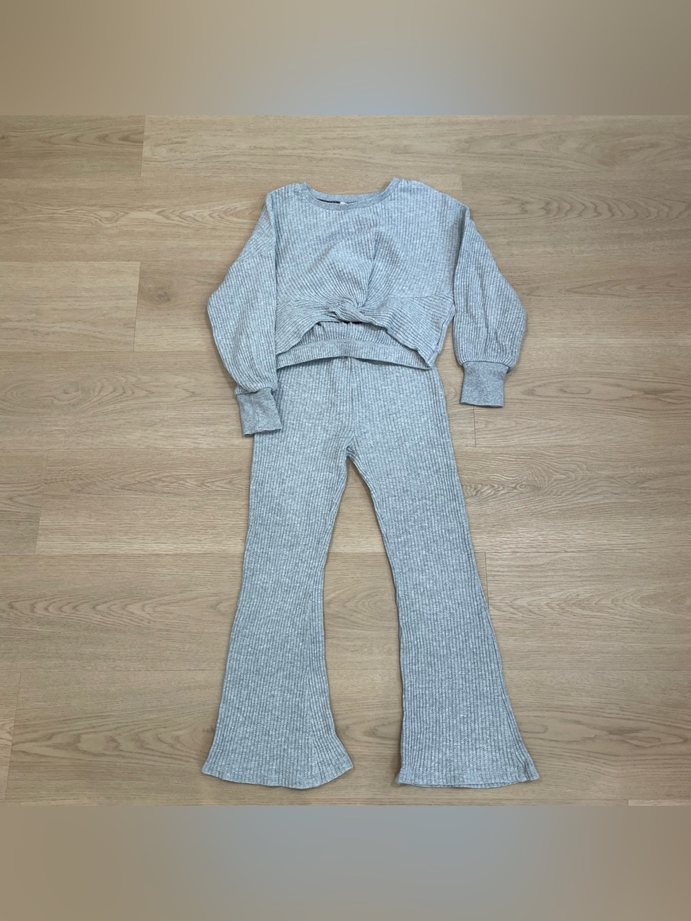 Habitual Gray Ribbed Knit Kids Matching Set - Cropped Top & Flare Leggings